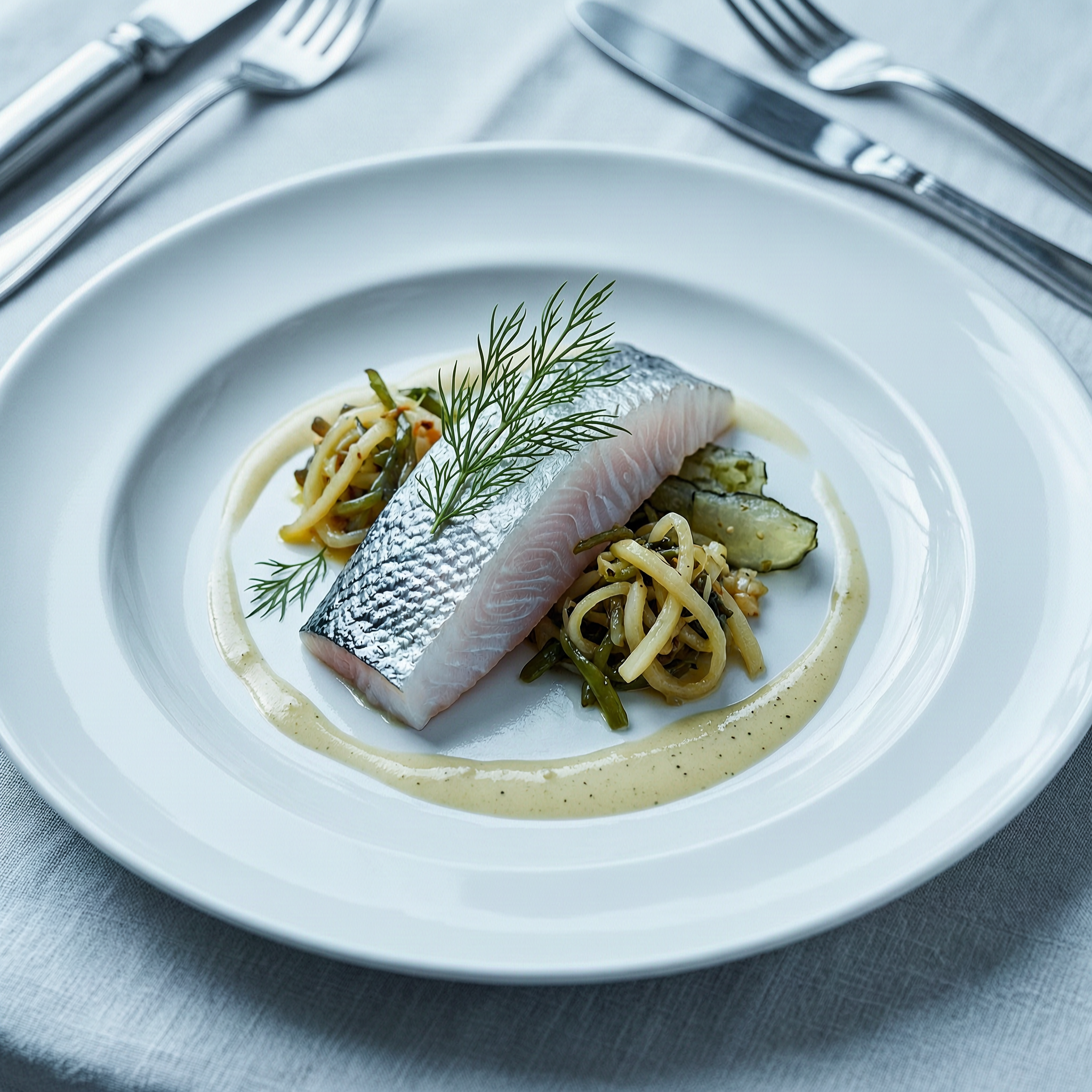Elegant anrettet nordisk sjømat på hvit tallerken
